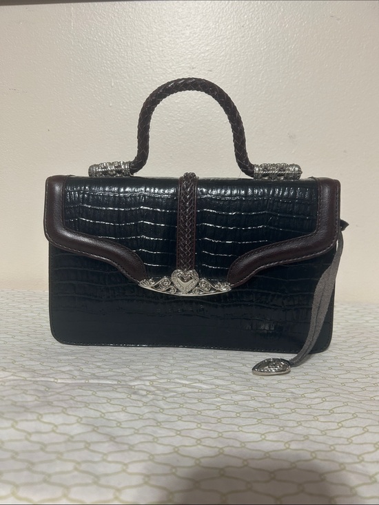 Brighton Handbags - Brighton Black Croc-Embossed Top Handle Satchel with Brown Trim